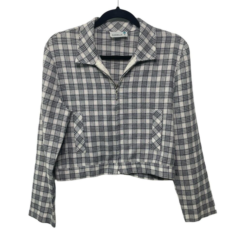 Vtg Danielle Bernstein Full Zip Plaid Cropped Jacket Blazer Black White Med‎ Y2K